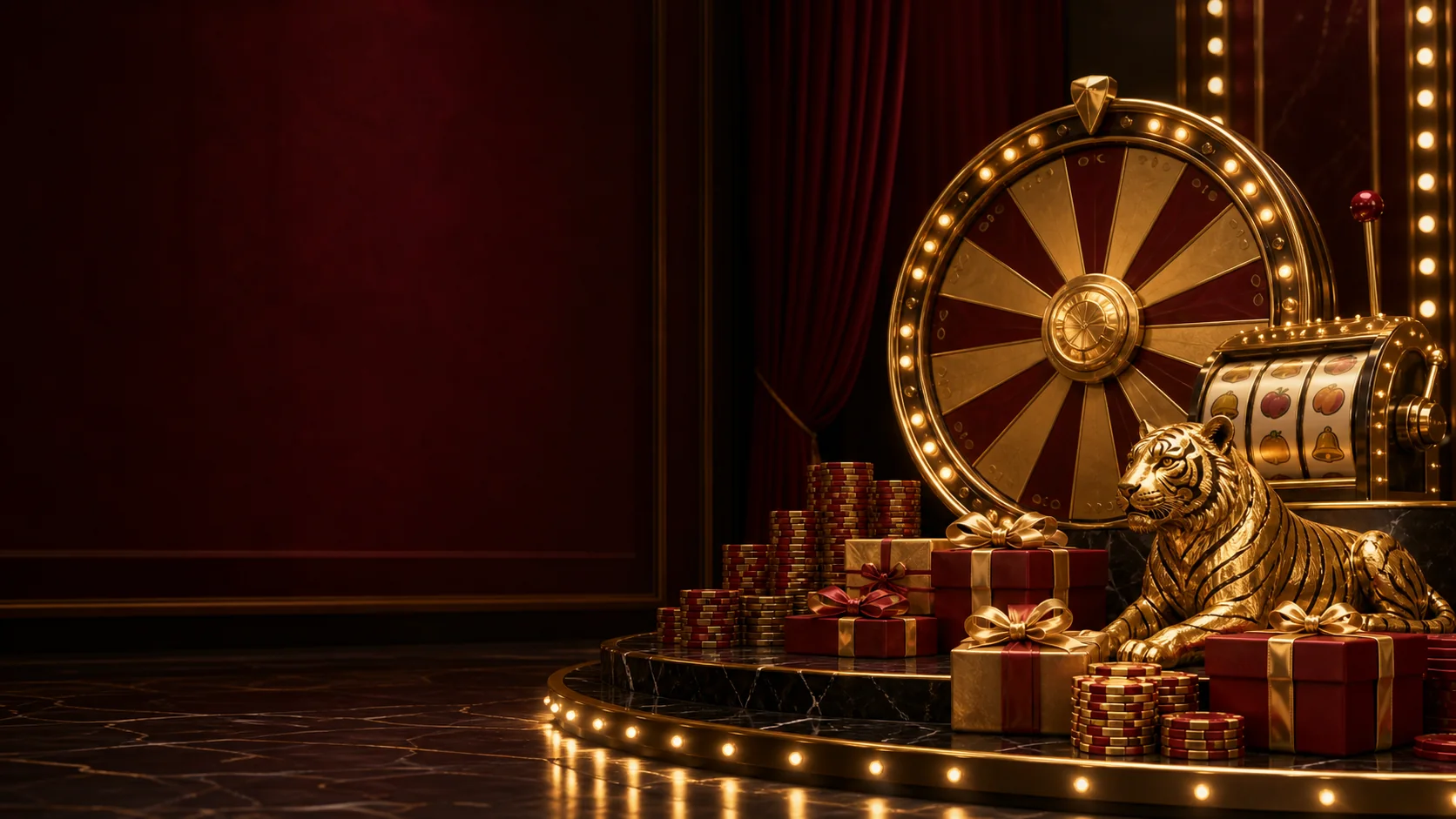 Golden Tiger rewards stage with prize wheel, casino chips and slot reels