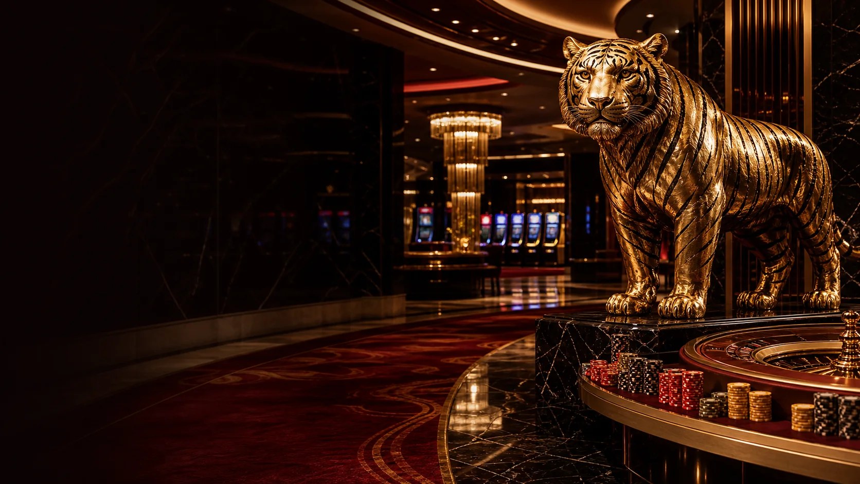 Golden tiger sculpture overlooking a burgundy and gold casino lobby