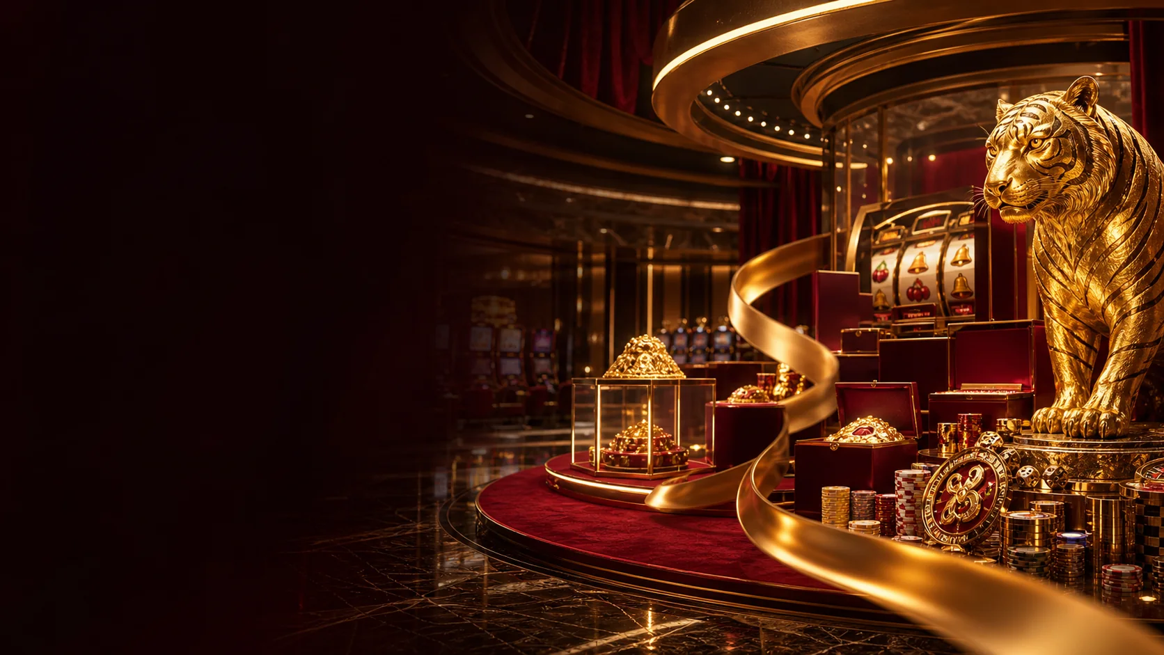Golden Tiger welcome gallery with gold ribbon, casino chips and slot lights